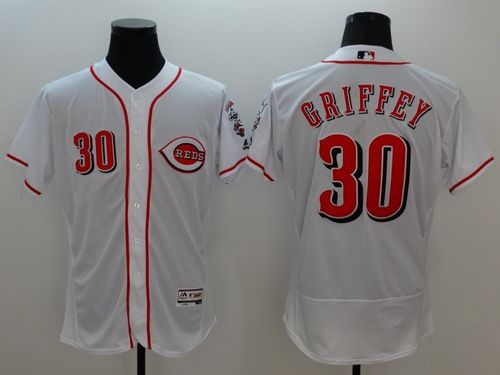 Reds #30 Ken Griffey White Flexbase Authentic Collection Stitched MLB Jersey - Click Image to Close